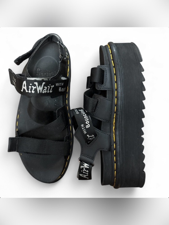 Dr. Martens Shoes - Black Women’s Dr. Martens Platform Sandals with Yellow Stitching